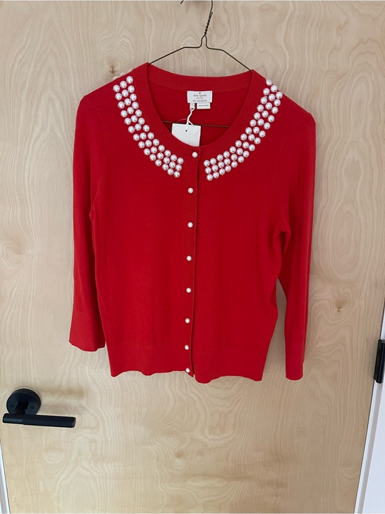 kate spade Sweaters - kate spade Red Pearl-Embellished Crewneck Cardigan